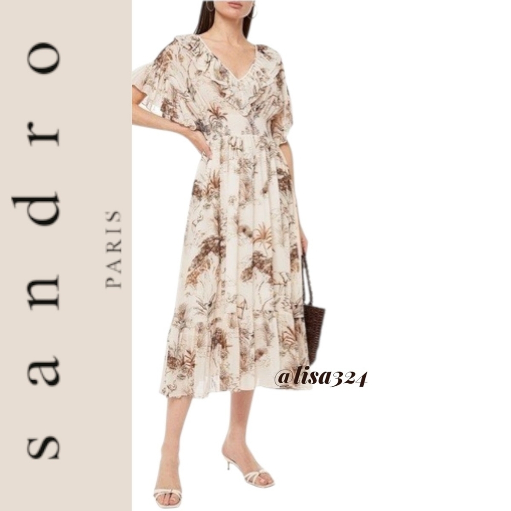NWT $480 SANDRO Marro Ruffle Printed Midi Dress FR38 US 6